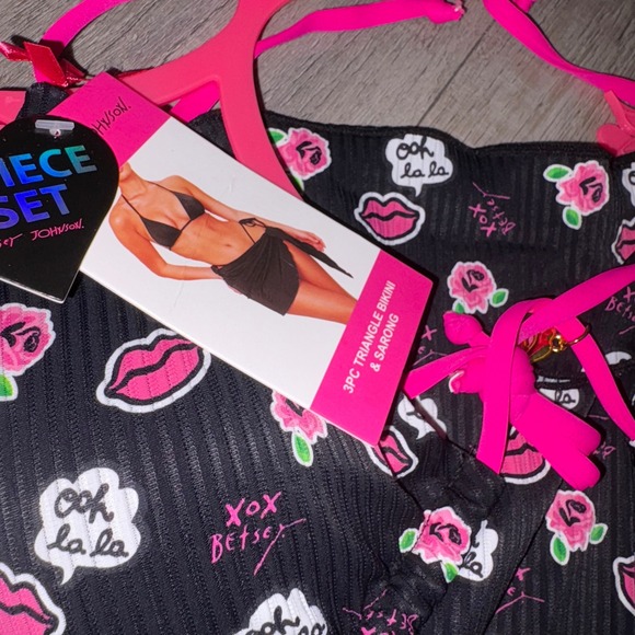 Betsey Johnson black pink 3 piece bikini set coverup sarong and top and bottoms - Picture 7 of 14